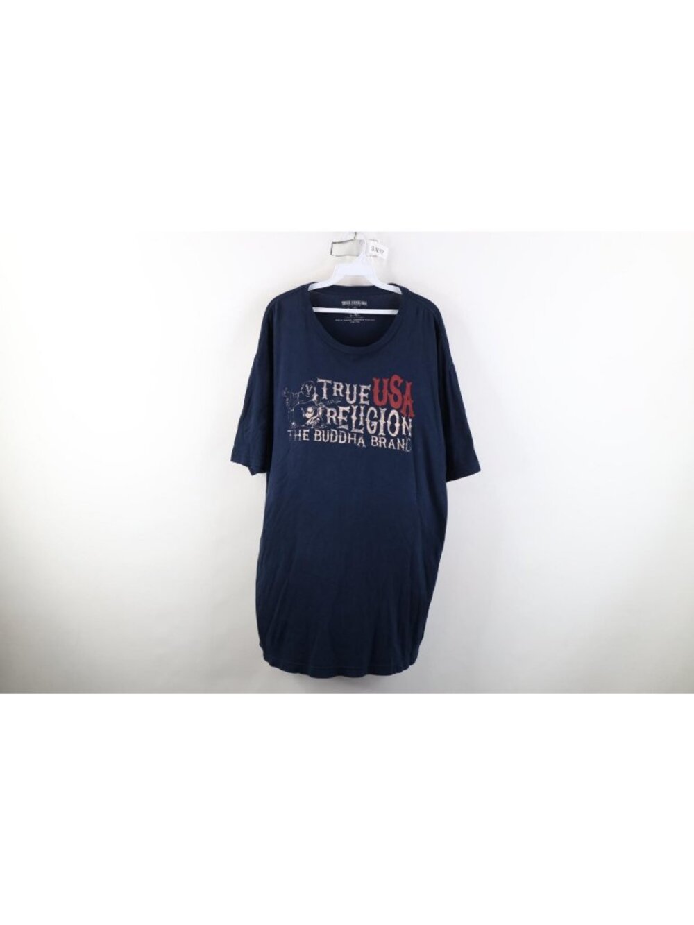 True Religion Mens 2XL XXL Faded Spell Out Buddha Short Sleeve T-Shirt Blue
